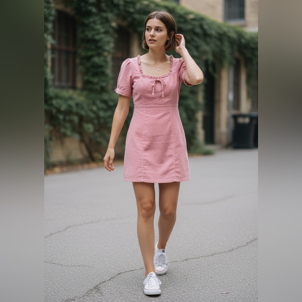 Urban Outfitters Claudia Pink Corduroy Round Neck Mini Dress Size L